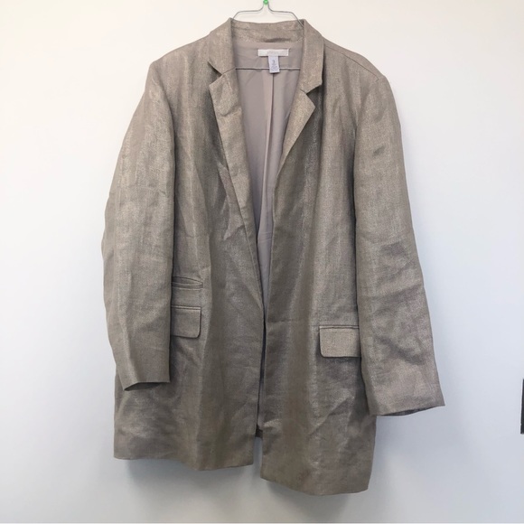 COPY - CHICO'S Linen GOLD SHIMMER BOYFRIEND DUSTER BLAZER 2 (L)  Fits like an XL - Picture 2 of 11